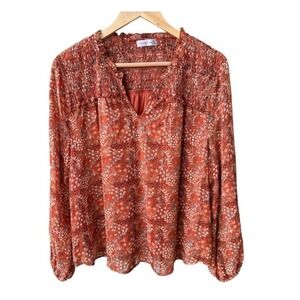 Retrology Blouse Top Rust Orange Floral Smocked Metallic V-Neck Long Sleeve XL